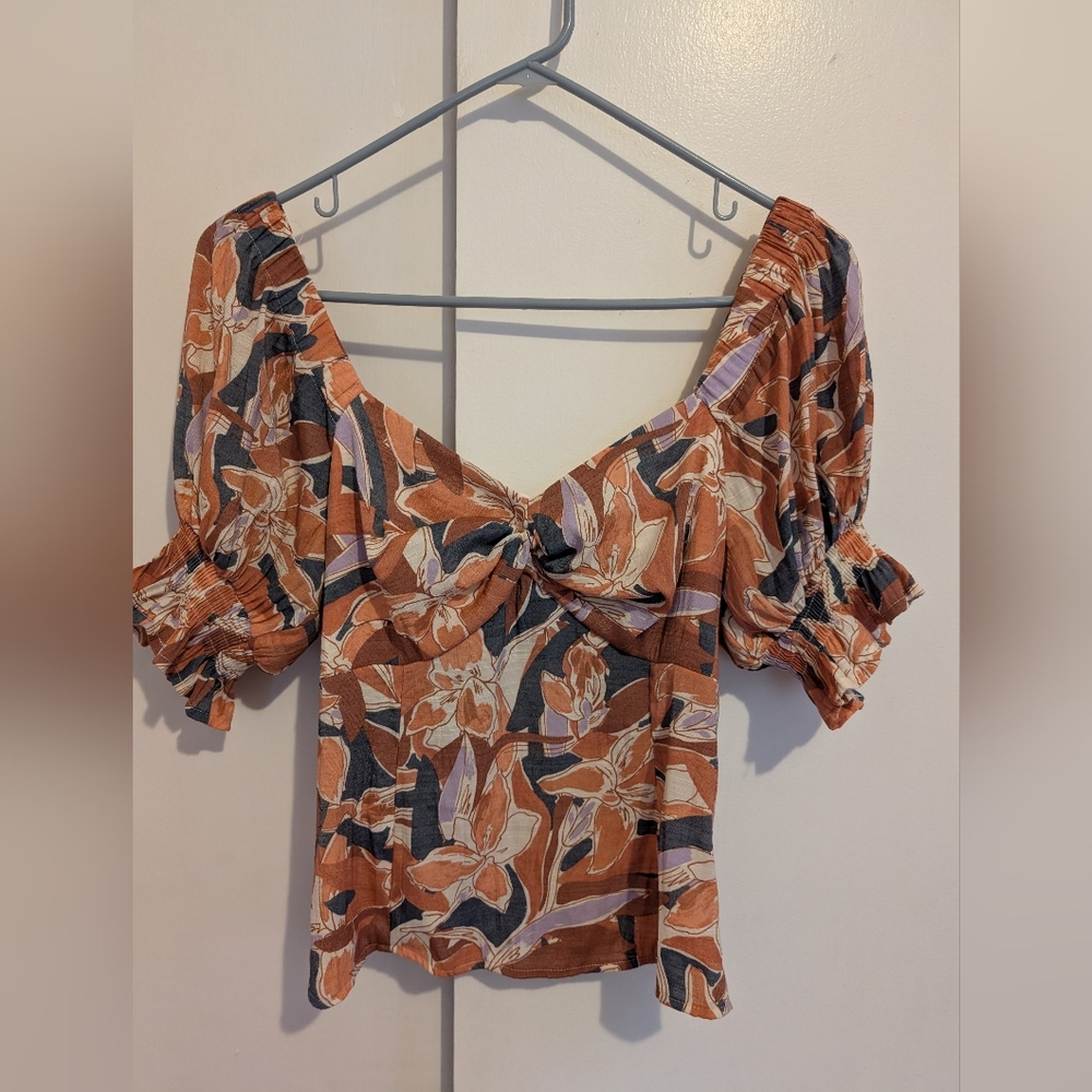 Nine West Off Shoulder Square Neck Floral Puff Sleeve Top Size Medium Smocking